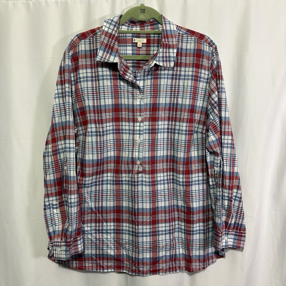 Talbots Woman 2X Red White Blue Plaid Cotton Roll Tab Sleeves Popover Shirt